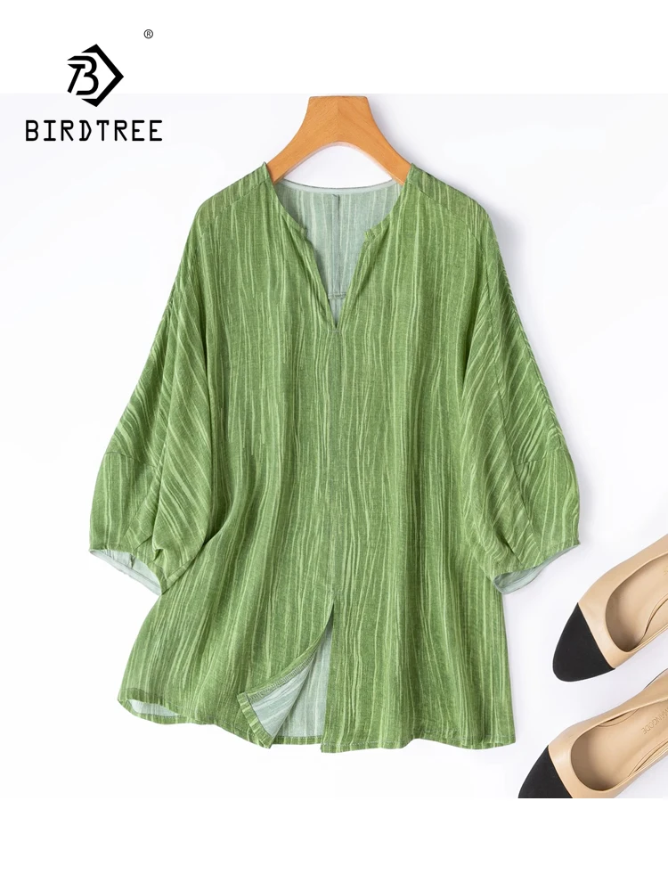 

BirdTree-100%Real Silk Double Crepe Elegant Shirt, Lantern Sleeve Striped, Women Casual Thin Loose Blouse, 2026 Summer T66030CC