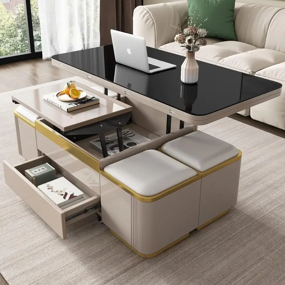 

Versatile Lift-Top Coffee Table with 4 Storage Stools, Expandable Dining Solution, Desk in One