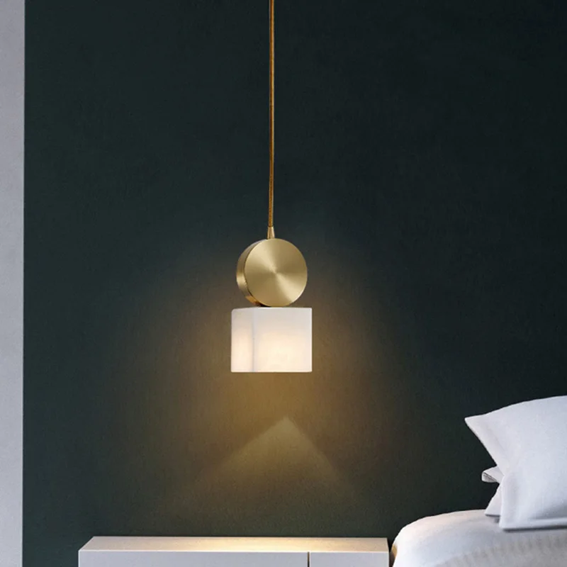 

Modern Square Cylinder Cube Marble Hanging Lamp Simple Bar Pendant Lighting Bedroom Light Luxury Copper Round Small Chandelier