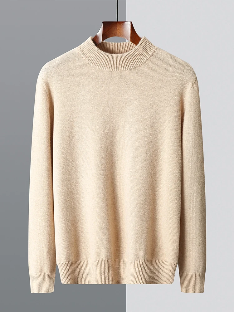 Autumn Winter Men's 100% Merino Wool Knitted Mock Neck Sweater Pullover Simplicity Solid Cashmere Casual Thick Male Clothing Top
