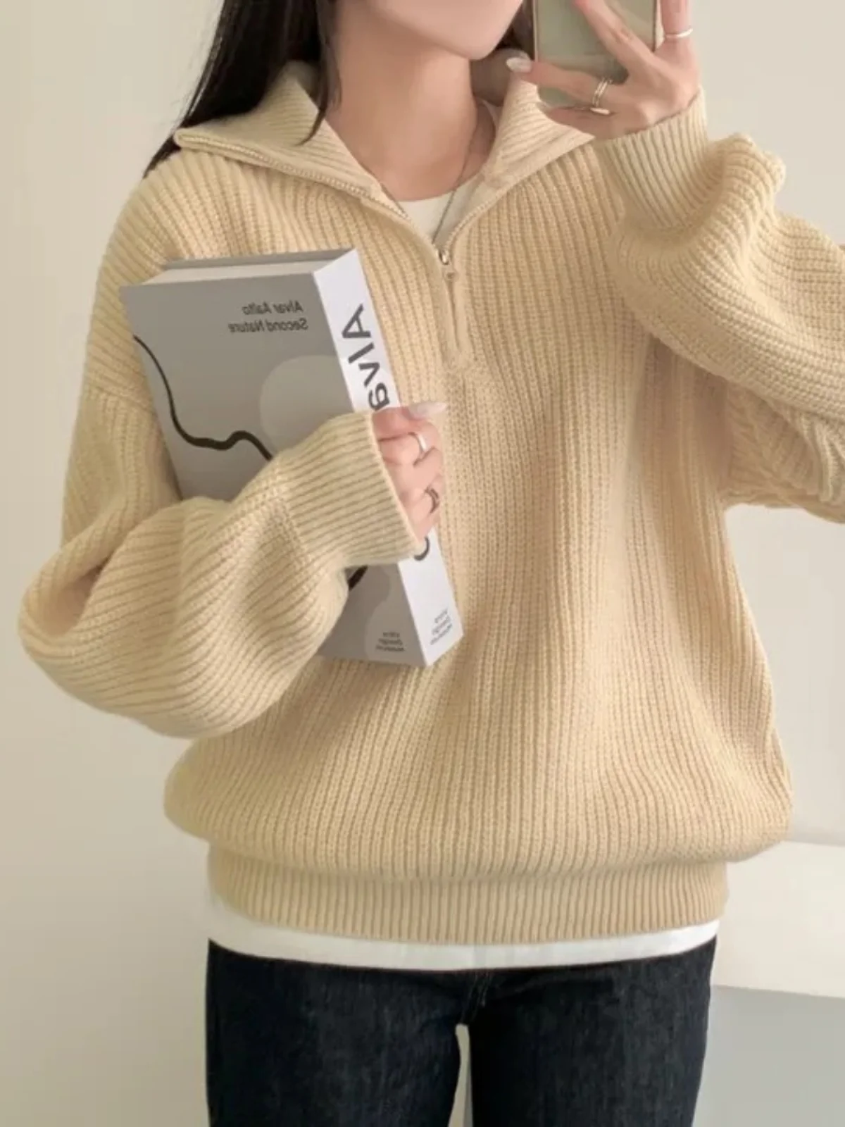 Thiened Knitted Sweater Coat Women's Loose f Zipper Large Collar Lazy Warm Top Faionable Commute Sle Long Sve