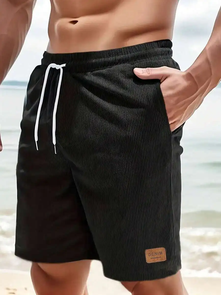 

Mens Corduroy Loose Fit Drawstring Waist Casual Shorts With Denim Patch