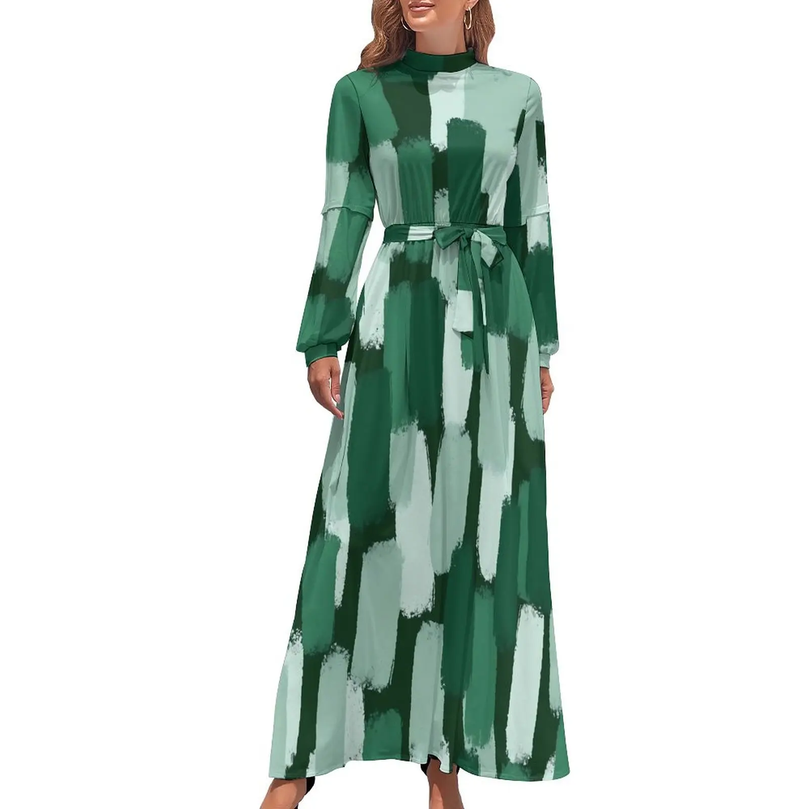 

Paint Brush Dress High Waist Abstract Green Design Beach Dresses Long-Sleeve Streetwear Long Maxi Dress Vintage Vestidos