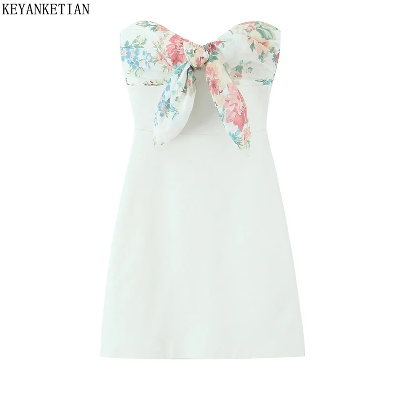 KEYANKETIAN Sommer Neue frauen Floral Patchwork Vorne Knoten Liebsten Korsett Mini Kleid Urlaub wind Zurück Zipper Hohe Taille Kleid