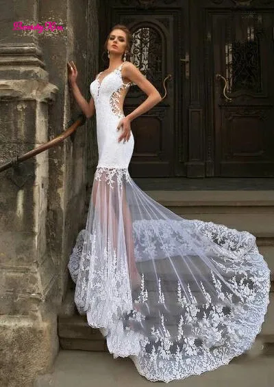 Robe de mariée sirène courte moderne avec poignées, train amovible, appliques en dentelle 3 en 1, col transparent, dos nu, patients, quoi que ce