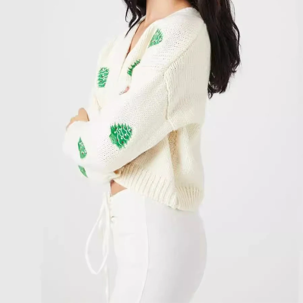 

Women Autumn Winter Casual Sweaters Christmas Tree Print Long Sleeve Button Loose Cardigan Crop Tops Outwear