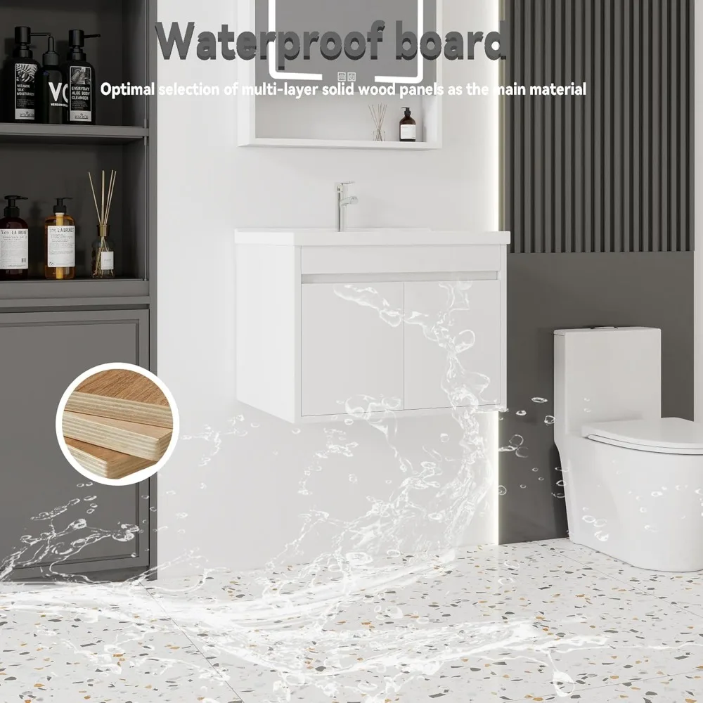 مجموعة حوض حمام مقاس 24 بوصة مع مجموعة حوض سيراميك، خزانة حمام صغيرة مثبتة على الحائط مع باب مغلق ناعم، خزانة عائمة حديثة، P