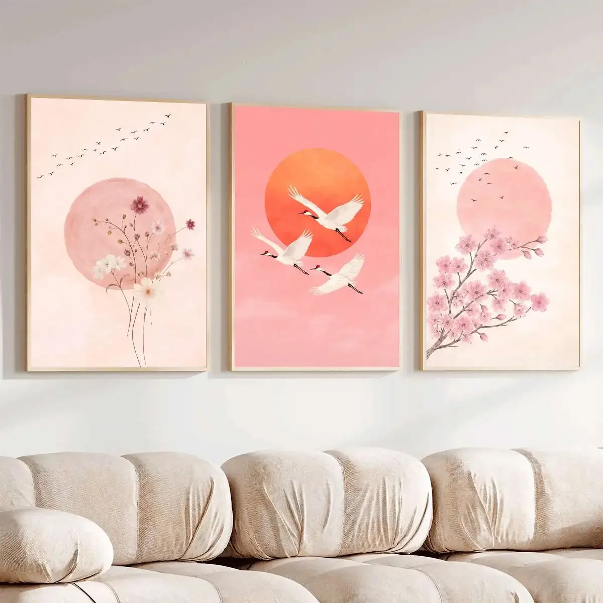 Large-sized frameless 3pcs  3PCS Japanese-style flocking print poster  Sunset landscape wall art  Modern home decoration Canv