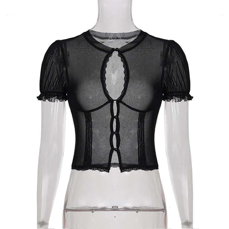 SUCHCUTE Vintage Sexy Spitzenbesetztes Patchwork-Mesh-Oberteil mit Puffärmeln, Ausgeschnittenes Slim-Fit Transparentes Cardigan-T-Shirt, Y2K Sommer-Outfit für den Strand – Detail 4