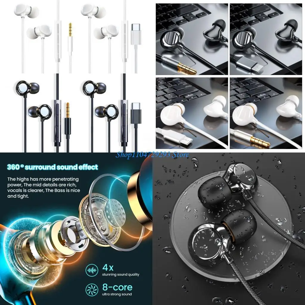 

Y2GD Wire Earphones Type C/3.5mm Plugs High Fidelitys Sound In Ear Headphone Headsets