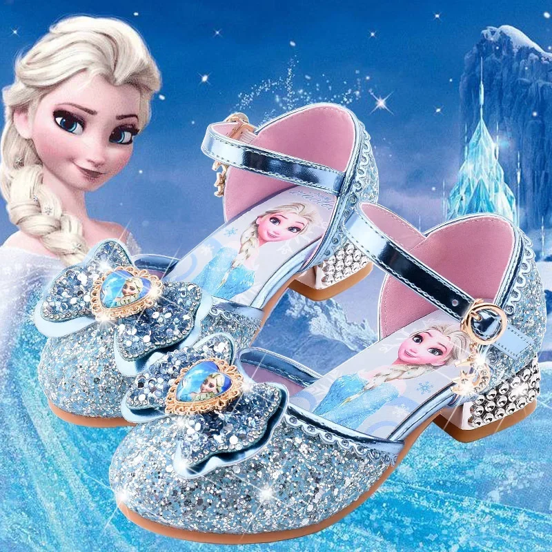 Disney Frozen Elsa Kids High Heels Shoes For Girls Cartoon Leather Children Shoes Princess Shoes Girl Sandals Dress Snow Queen