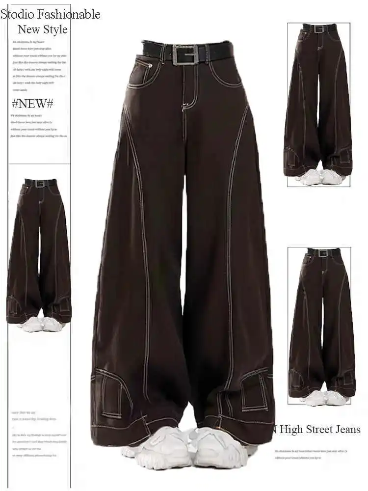 

Осень-зима 202, женские винтажные широкие джинсовые брюки Maillard Y2K, мешковатые джинсы для мам 2000-х годов, японские джинсы в стиле Харадзюку, гранж, корейские