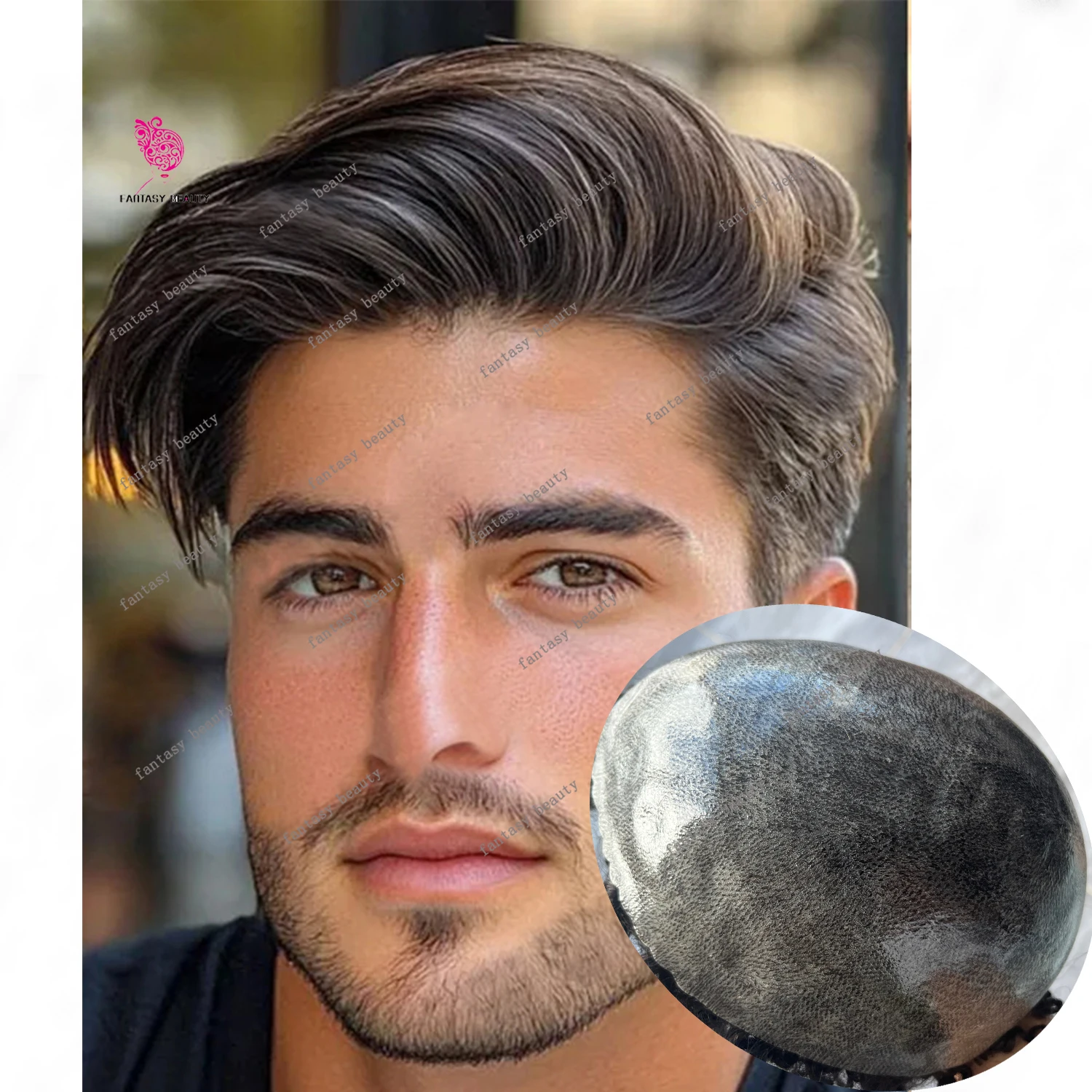 

130Density Mens Indian 100% Human Hair Wig Bald Man Undetectable Poly Thin Skin PU Base Silicon Toupee Brown Black Hair Prosthes
