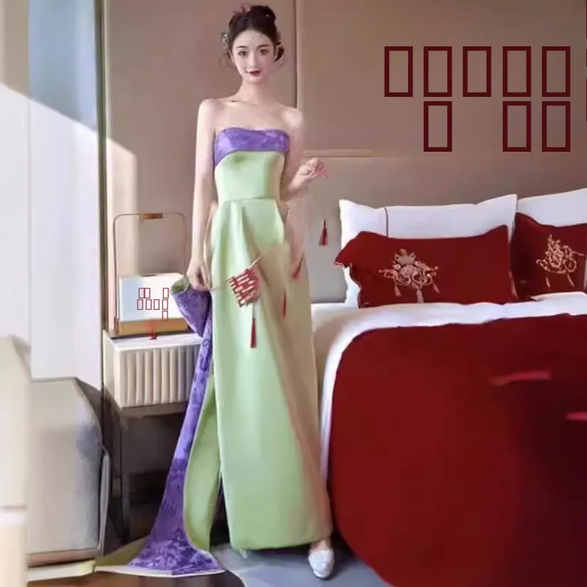 

Green Chinese Style Wedding Dress Evening Gown Women's Bride-to-be Customizable Lightweight Luxury Dress with Strap