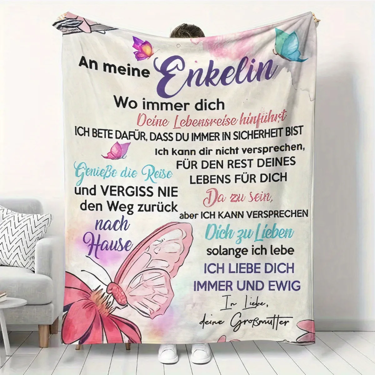 

Granddaughter Floral Blanket - Butterfly Print Soft Flannel Throw