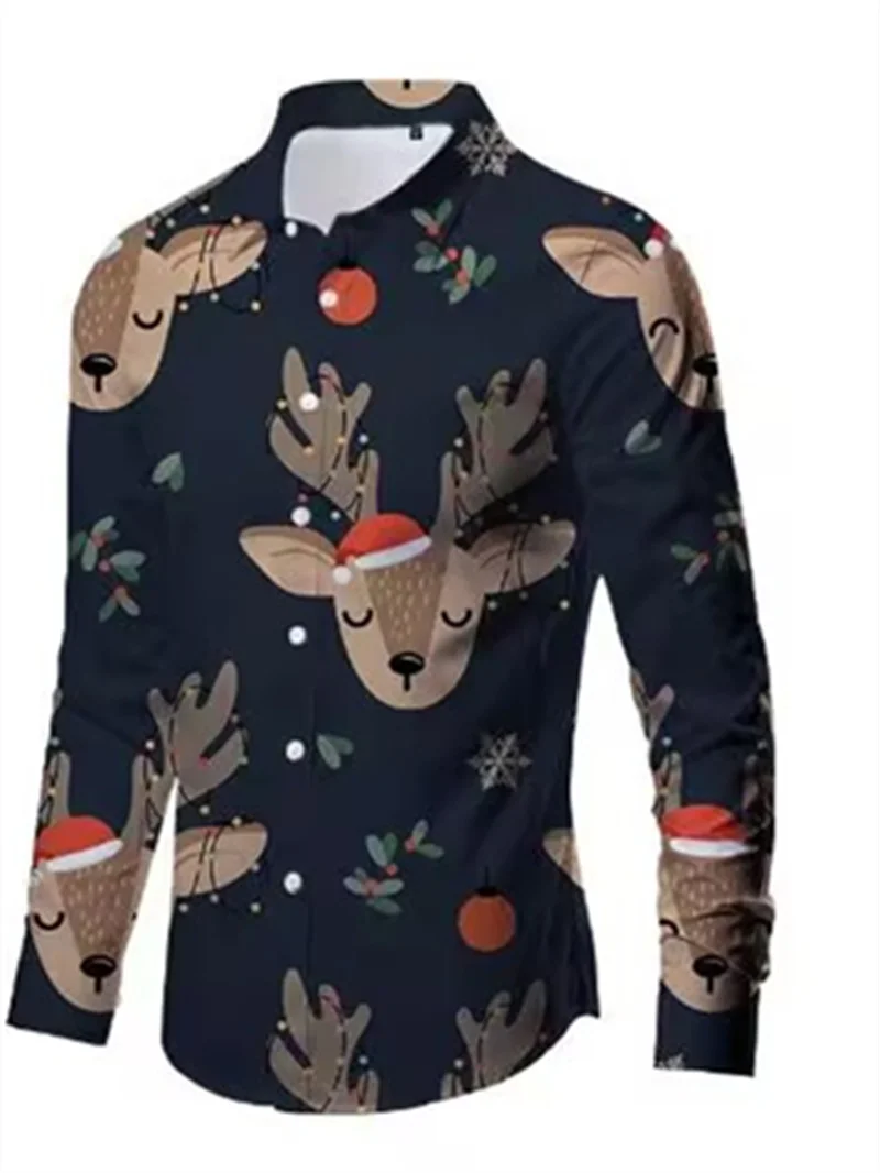 New Year Christmas Pattern Popular Hawaiian men's Shirt Long Sleeved Autumn Elements 3D Printed Fashionable Casual Loose Top