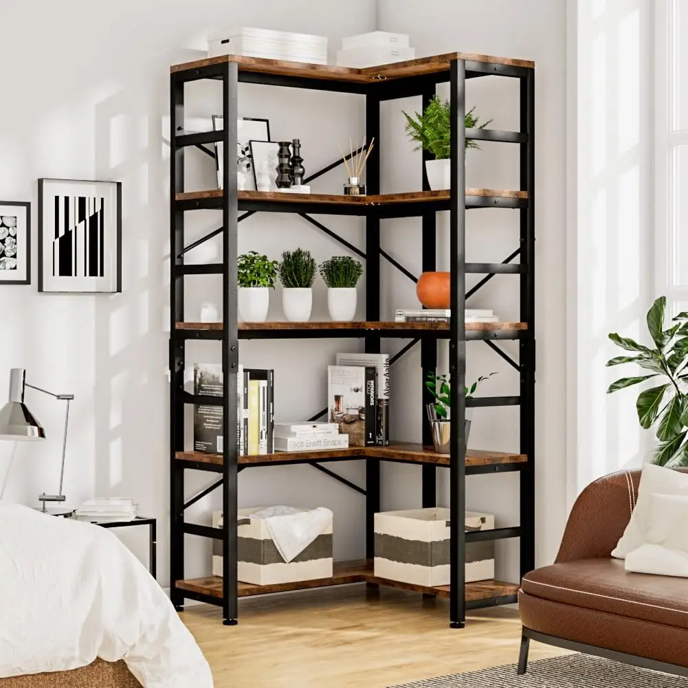 5 Tier Corner Bookshelf, Modern Corner Bookcase, Large Open Shelf Bookcase, Tall Bookshelves Storage Display Rack for Bed