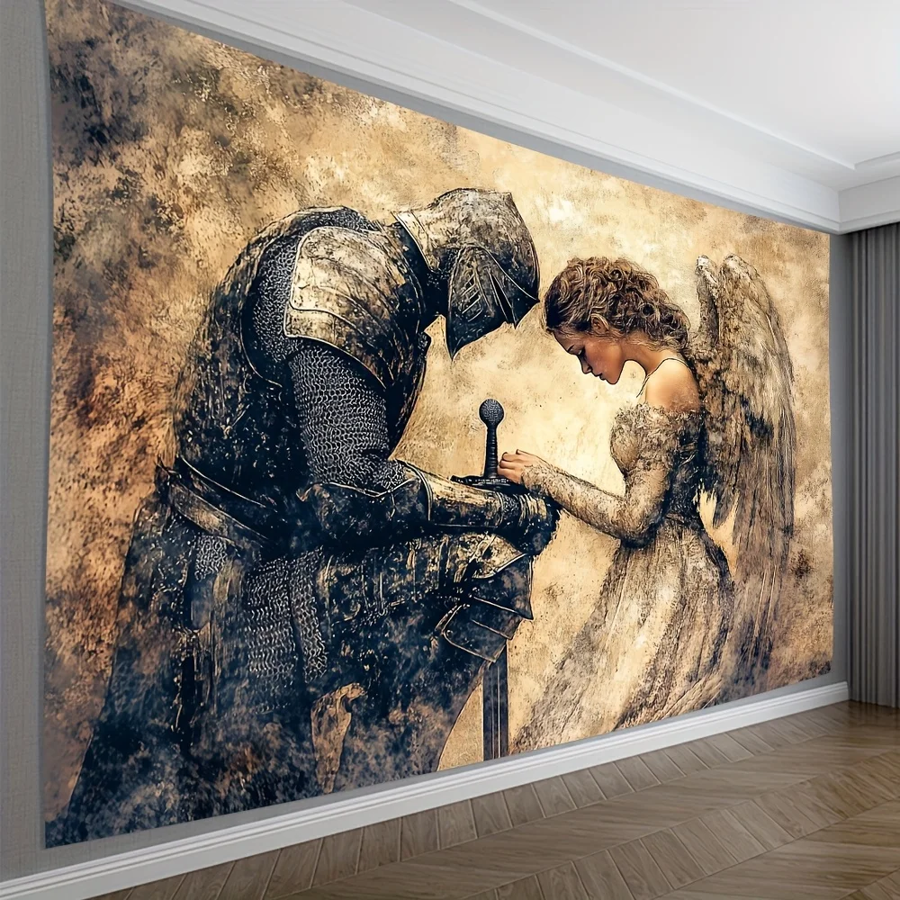Medieval Knight Angel Tapestry Brown Golden Pre-Prayer Design Bedroom Decor Creative Gift for Fantasy Lovers