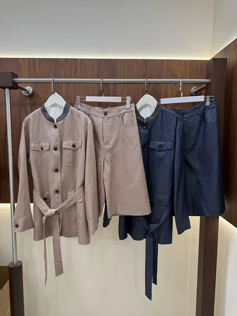 Casual Linen Matching Set Stand Collar Pocket Sash Jacket & Loose Bermuda Shorts for Women