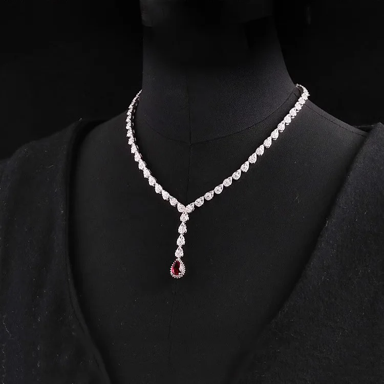 Elegant Luxury Women Wedding Bridal Jewelry Sets Dazzling Red Zircon Platinum Water Drop Plating Ring/Earring/Necklace/Bracelet