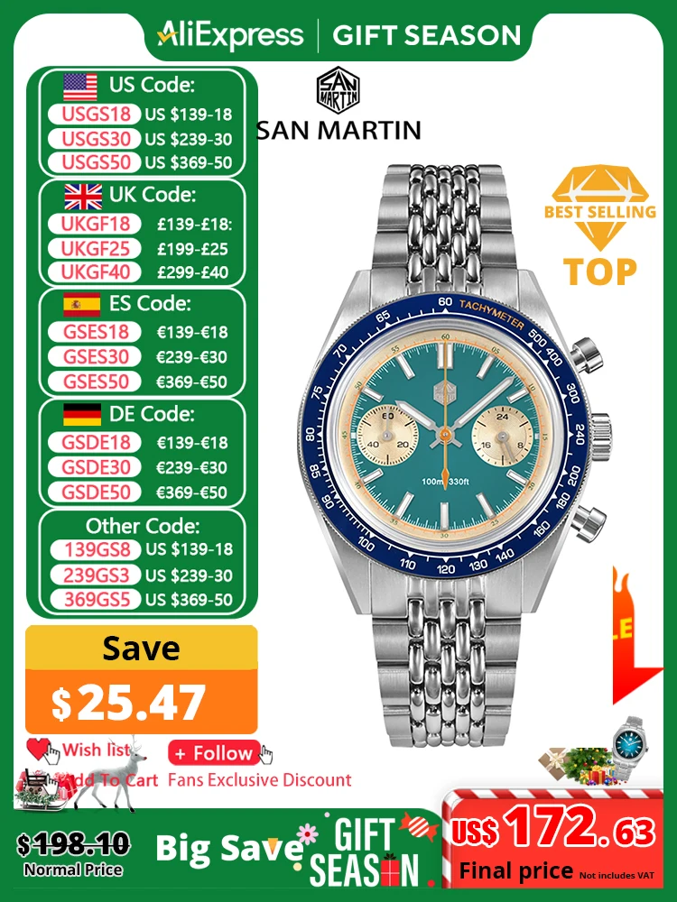 San Martin Neue Chronograph VK64 Quarzuhr Original Design 39,5mm Männer Sport Business Kleid Uhren Wasserdicht 100m SN0116