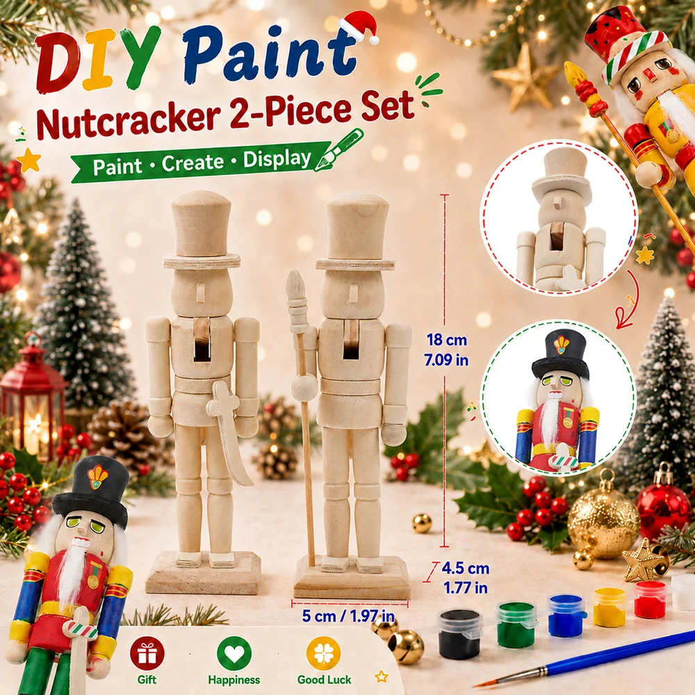 18CM Set of 2 Wooden Nutcracker Set Creative DIY Coloring Figurines painting Supplies Parent-child Interaction Decor Gift
