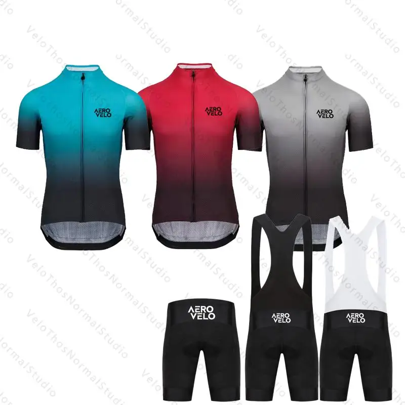 Ensemble de cyclisme AERO VELO, maillot à manches courtes et short à bretelles, tenue de course professionnelle pour vélo, vêtements d'été pour VTT, maillot respirant