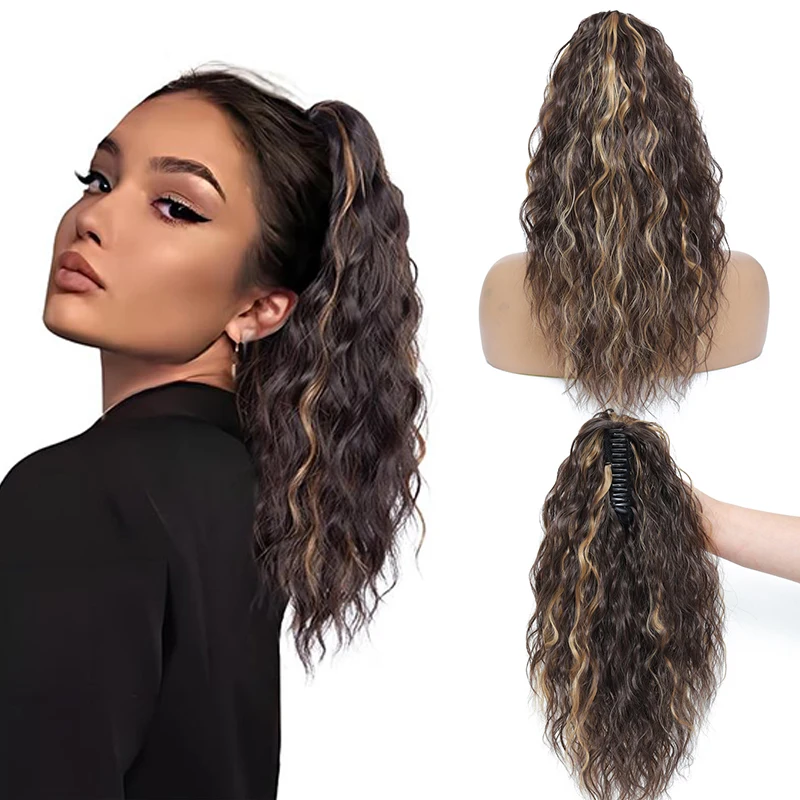 Long Water Wave Hair Ponytail for Women 18 Inch Curly Wavy Claw Hairpiece Ponytail Natural Synthetic Curly Horse Tail Extensions