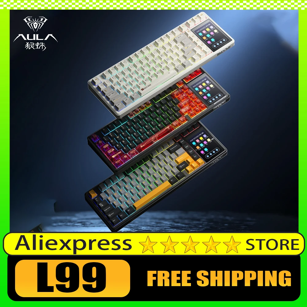 

AULA L99 Bluetooth Механическая клавиатура IPS Сенсорный экран Беспроводная трехрежимная 8000 мАч RGB Полная клавиатура с возможностью горячей замены Аксессуары для ПК
