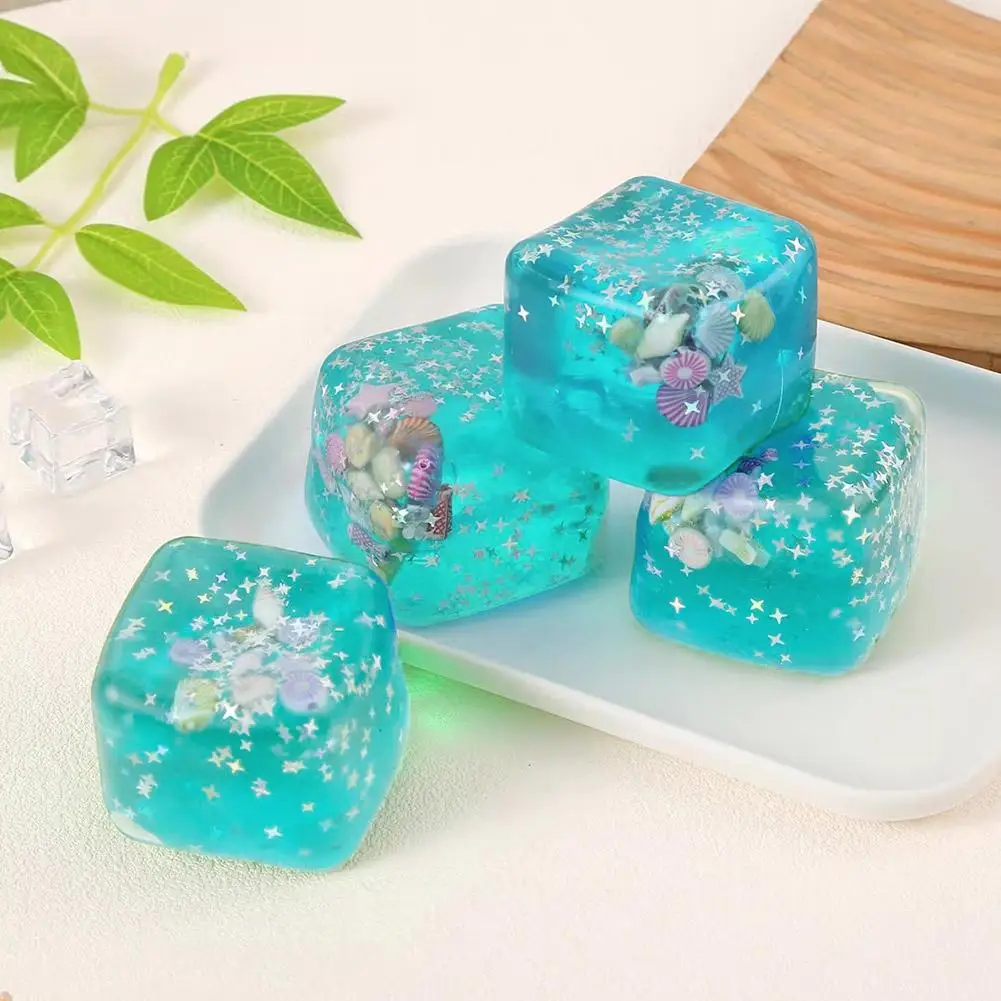 Clear Ocean Cube Squeeze Toy with Mini Seashell Glitter Star Soft Sensory Fidget Toy Stress Relief Anti-Anxiety Squishy Toy