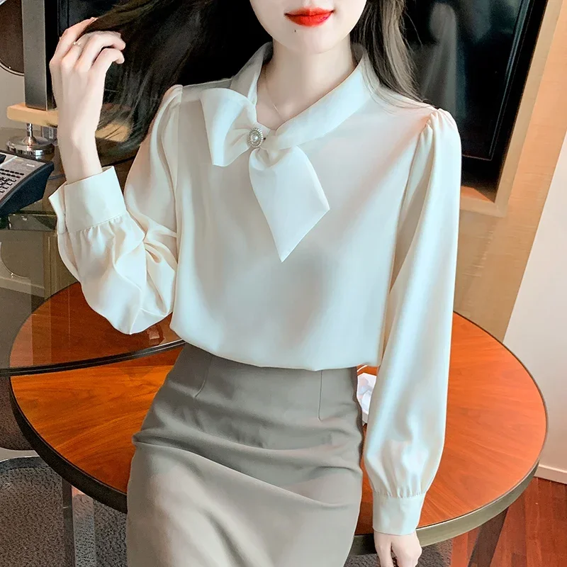 Office Lady Stand Collar Women Blouse New Long Sleeve Bow Chiffon Blouse Shirt Women Tops Blouses Shirts Camisas De Mujer H289