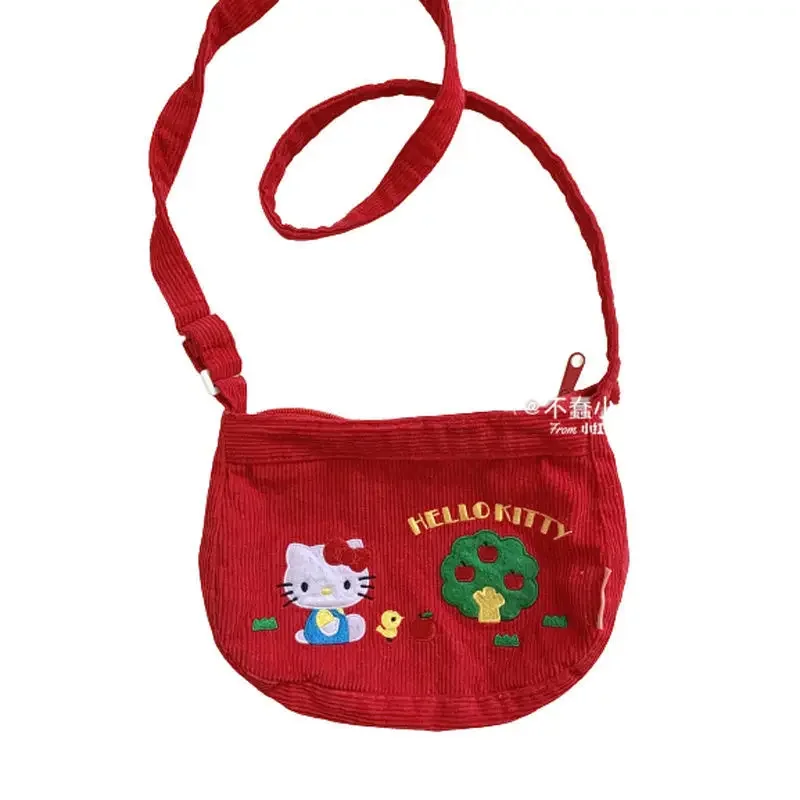 Sanrio Hello Kitty Bag 2024 New Hellokitty Backpacks Retro Crossbody Bag Handmade Embroidered Corduroy Red Handbag Shoulder Bag