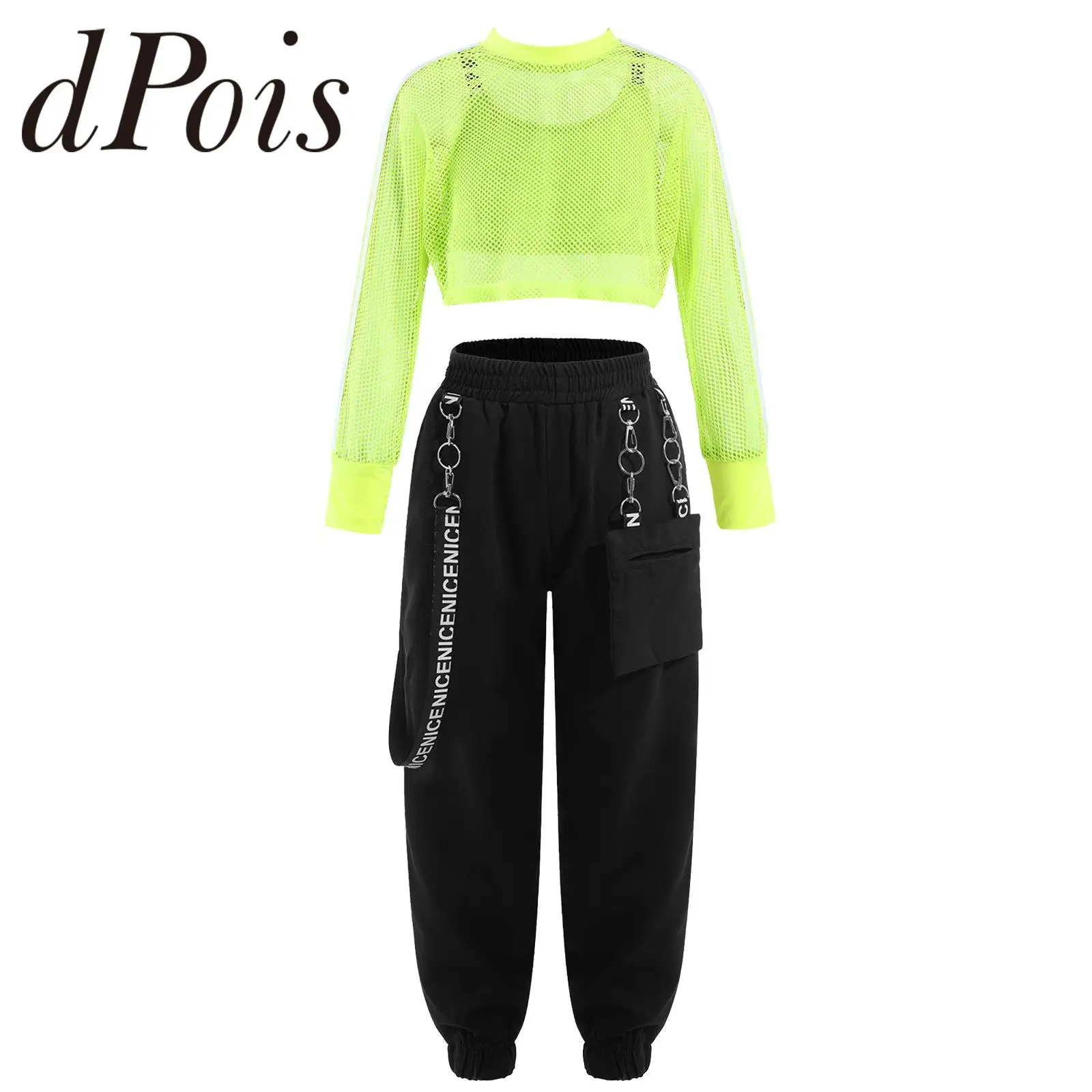 Kids Girls Yoga Sets 3Pcs Sports Outfit Hollow Out Mesh Long Sleeve Crop Top Pants Teen Gym Suits for Hip-Hop Jazz Dance Fitness