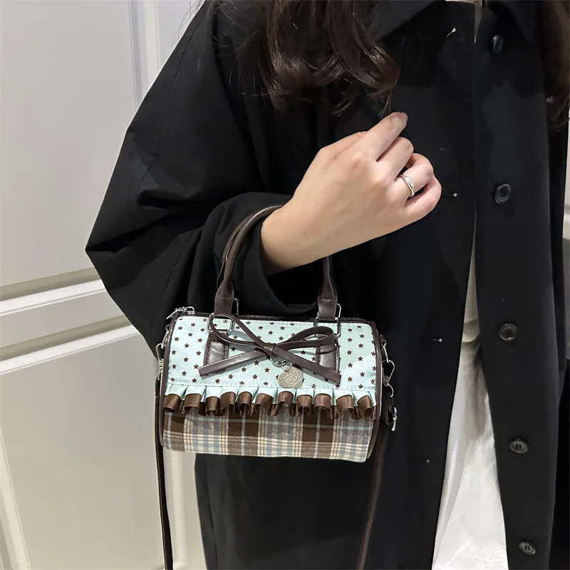 Korean Bow Pillow Bag Women Star Checkered Handbag Blue Brown Pleated Edge Shoulder Bag Cute Heart-shaped Pendant Crossbody Bag view 3