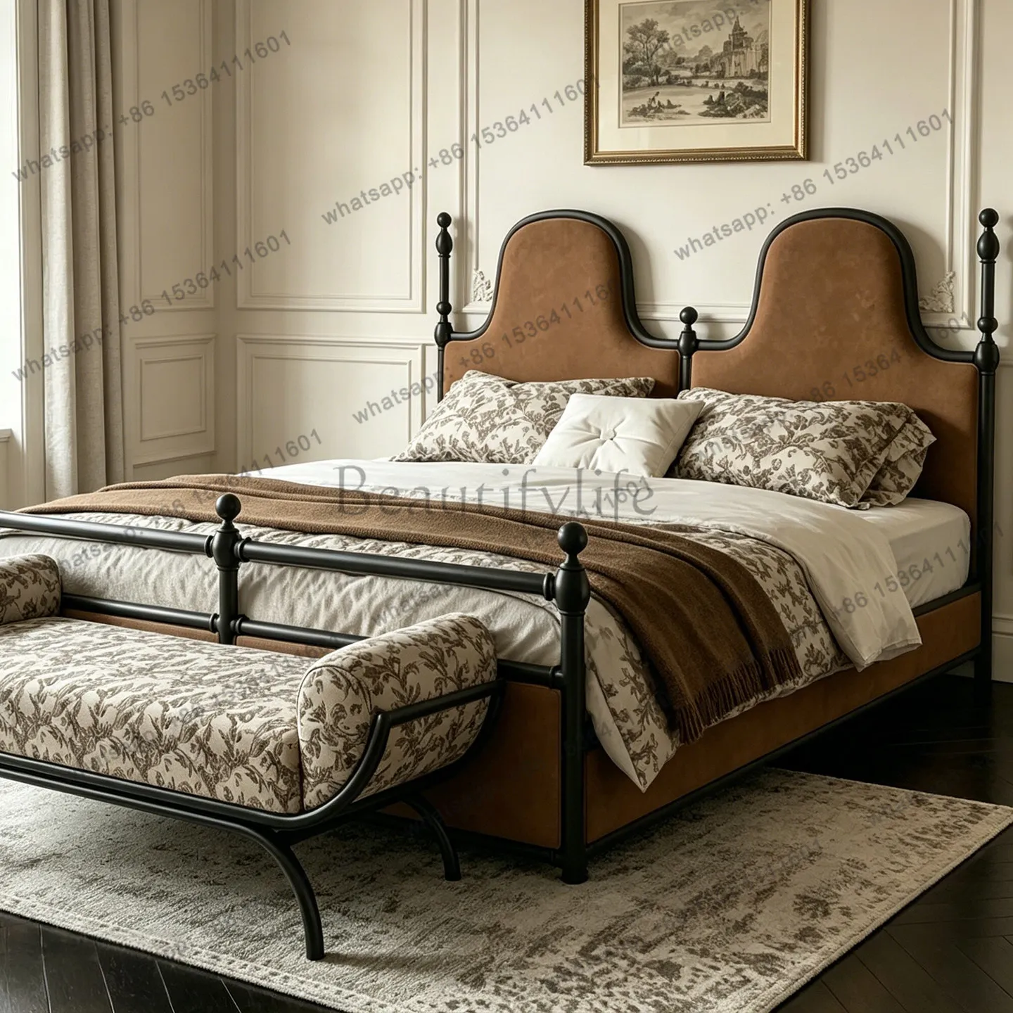 French retro solid wood bed medieval villa master bedroom soft bag light luxury carved bed