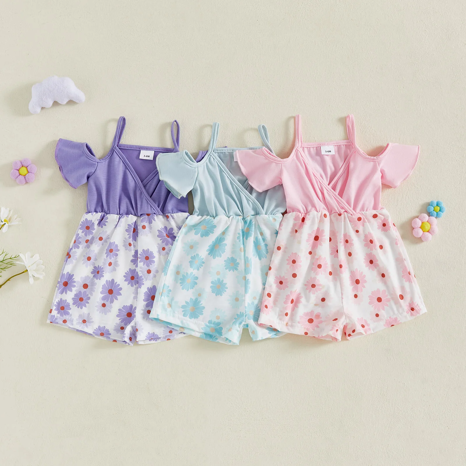 

0-4Y Toddler Baby Girl Flower Overalls Cold Shoulder Short Sleeve Shorts Jumpsuit Cute Summer Clothes