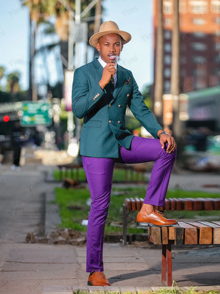 بدلات رجالية أنيقة 2 قطعة بلغت ذروتها التلبيب مزدوجة الصدر السترة سترة رسمية التباين اللون حفلة موسيقية سليم مجموعة الأعمال مخصصة