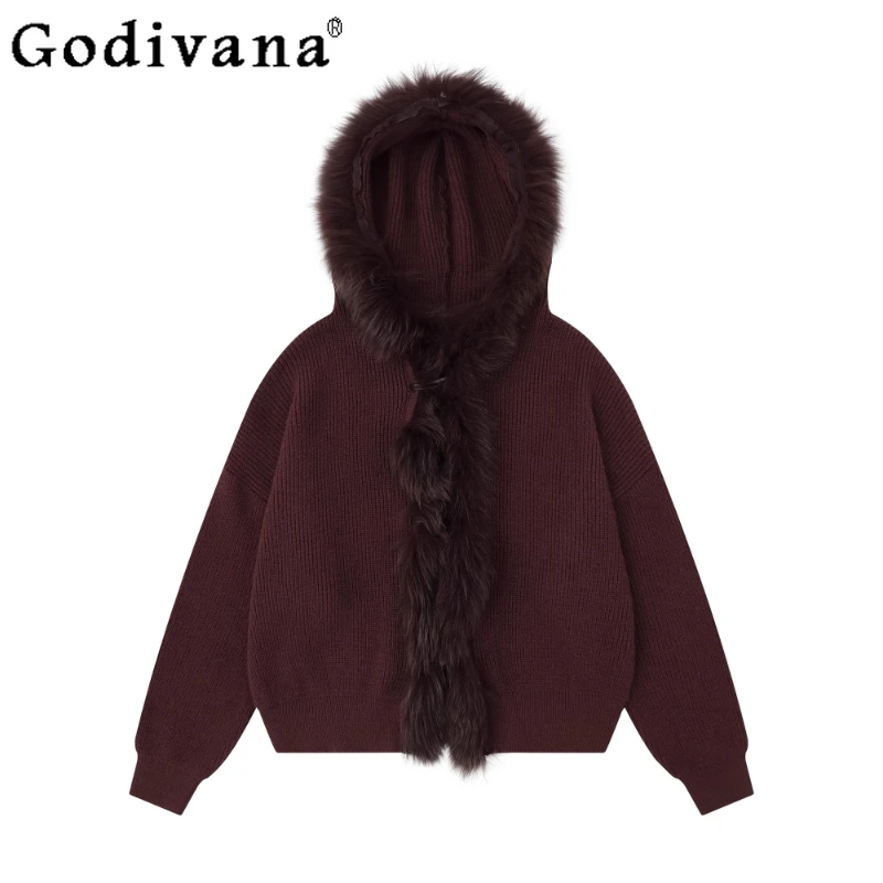 เสื้อสเวตเตอร์มีฮู้ดแต่งขนเฟอร์ขนาดใหญ่สำหรับผู้หญิง ฤดูใบไม้ร่วง ฤดูหนาว สไตล์ญี่ปุ่น เสื้อคลุมคาร์ดิแกนสุดหรู สีแดง โลลิต้า เสื้อแจ็คเก็ตถัก