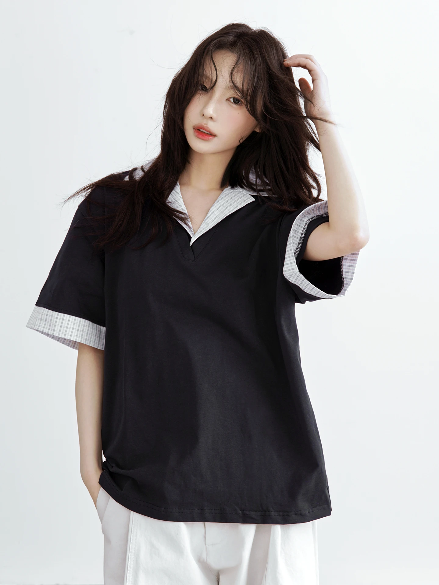 

Женская футболка с коротким рукавом и кубинским воротником Universal Gravitation Museum, свободного кроя, в нейтральном стиле, с цветными блоками и пэчворком, летняя, хлопковая