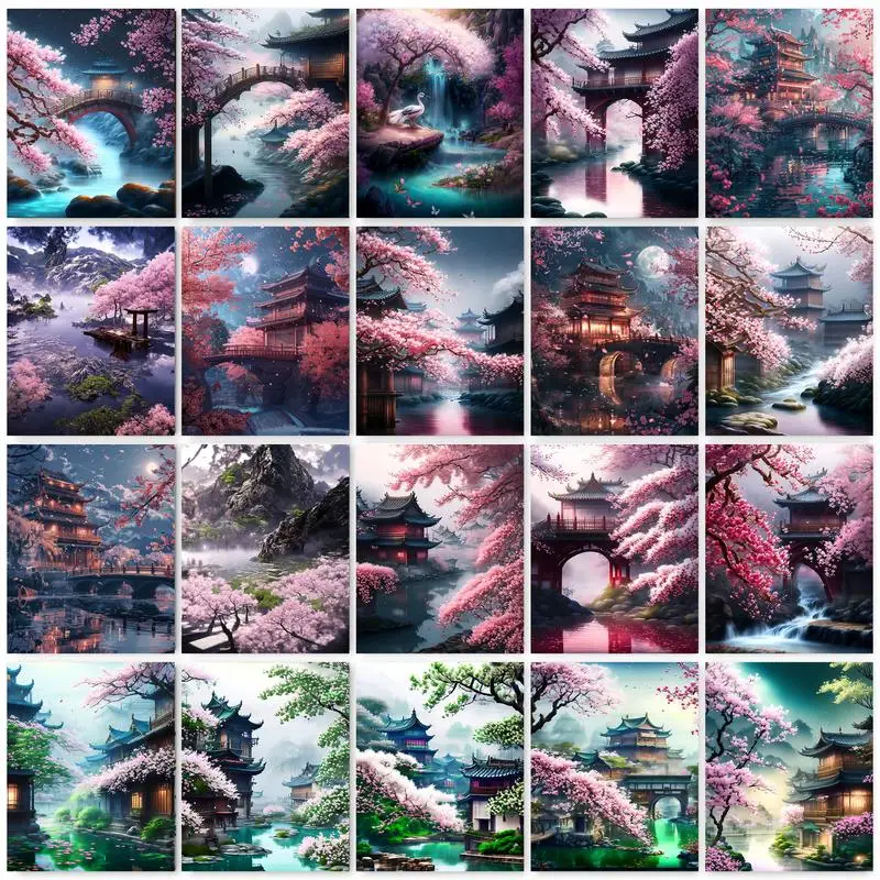 GATYZTORY Painting By Numbers Landscape Of Peach Blossom Pavilion Oil Paint For Adult Coloring By Numbers On Canvas Painting Uni