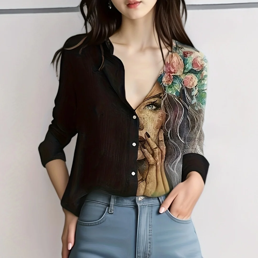 Spring And Summer Europe And The United States New StyleColor Burst Style Casual Lapel Print Fashion Shirt Blouse Trend