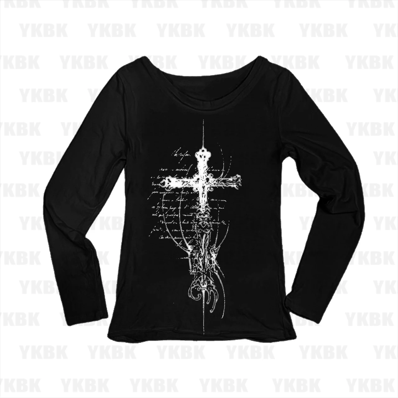 Y2K Gothic Vintage Ornate Cross Manuscript Print Women Long Sleeve T-Shirt O-Neck Slim Fit Graphic Casual Tops