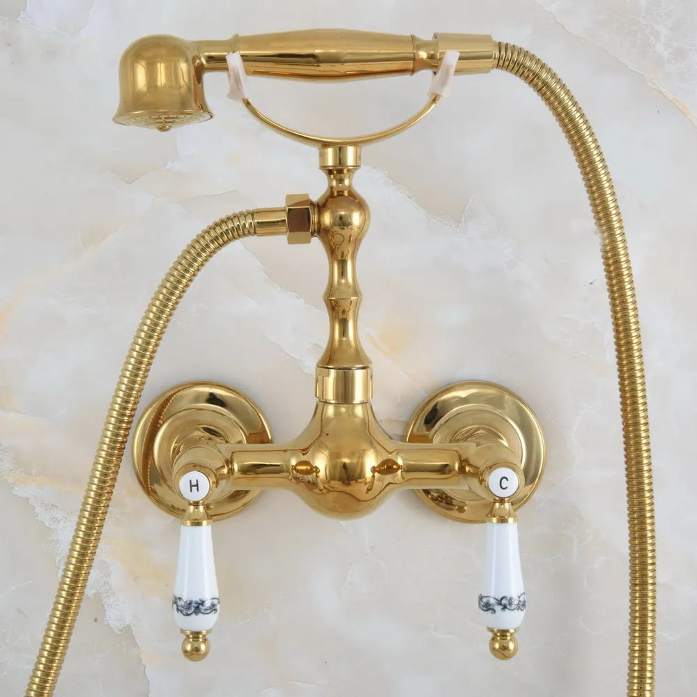 

Contemporary Gold Color Brass Wall Mounted Bathroom Shower Faucet Set with 150CM Hose Handheld Spray Head Mixer Tap Dna841