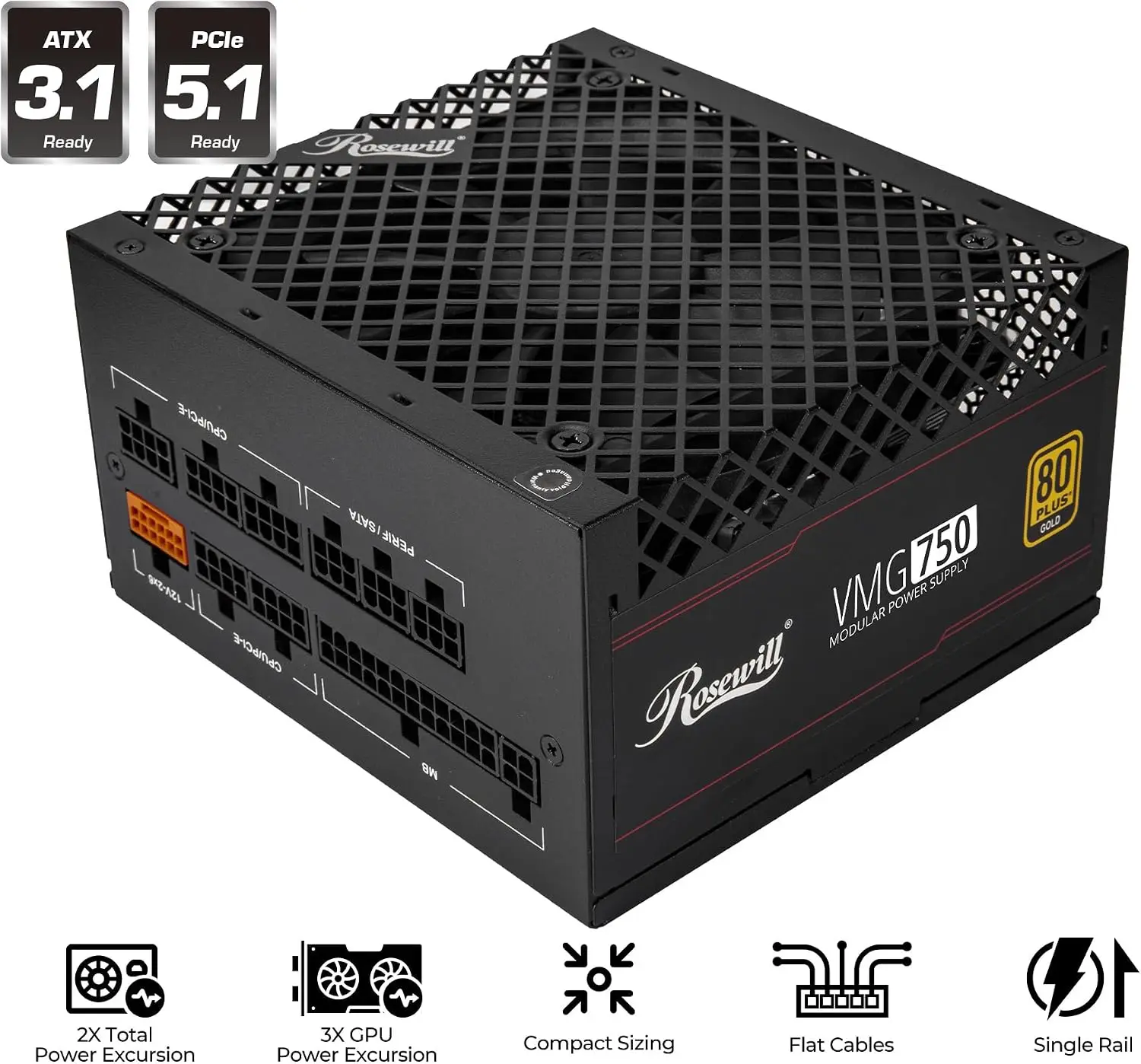 VMG 750W 80+ Gold, ATX 3.0 & 3.1 Compatible, Full Modular Low-Noise Power Supply, PCIe 5.1 12V-2x6 Connector, 100% Japanese