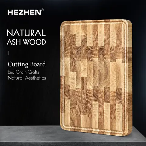 HEZHEN Ash Wood Cutting Board Rectangular Light-colored Wooden End Grain Kitchen Chopping Board 30.5x20.5x2.55cm