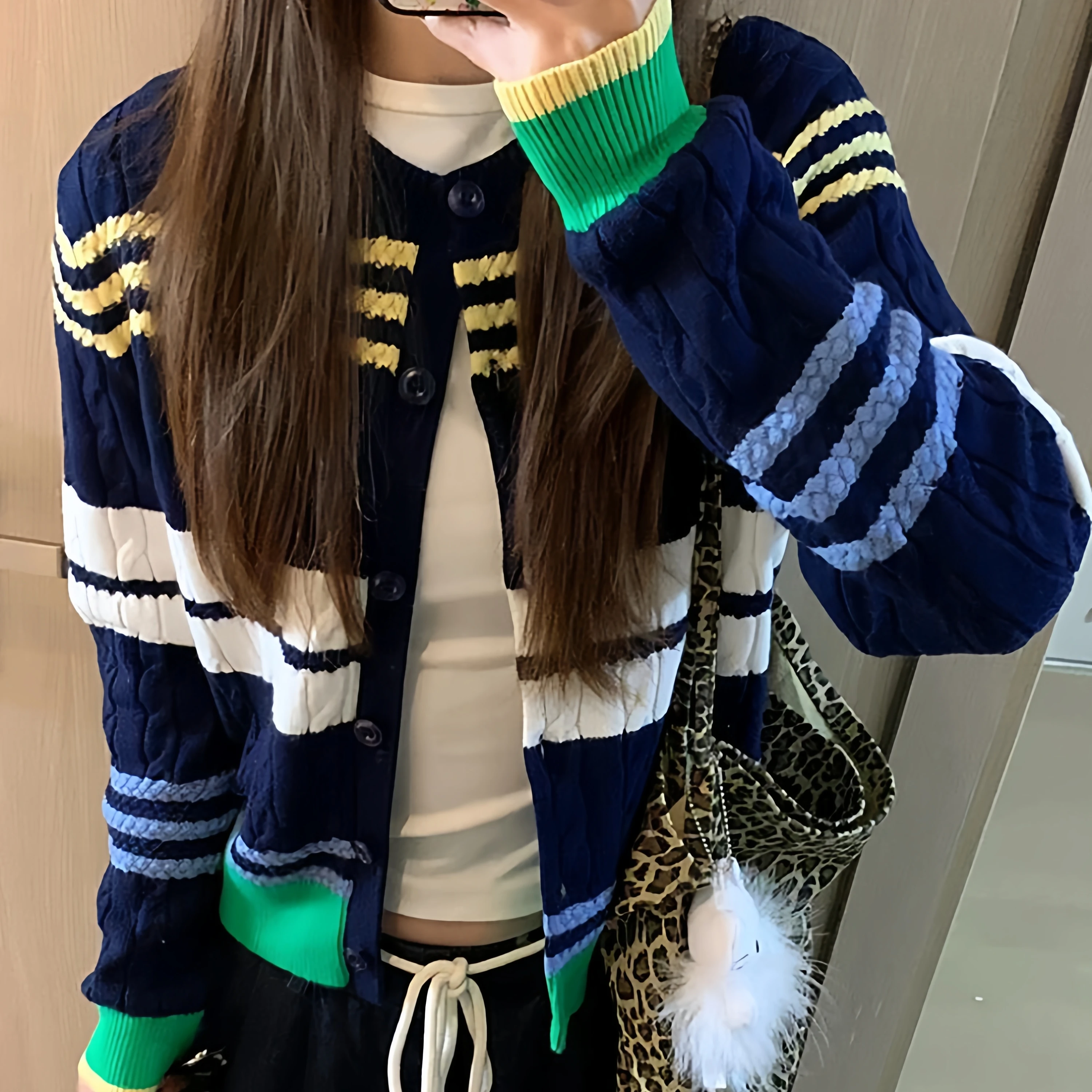 

Полосатый жаккардовый вязаный кардиган для женщин, весна-осень, ретро-свитер контрастного цвета, куртка, американское повседневное модное пальто