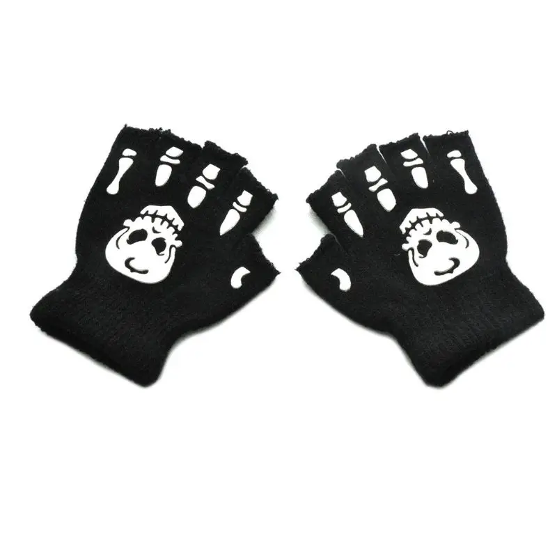 Halloween Skull Skeleton Fingerless Gloves Glow in the Dark Cycling Knit Mittens