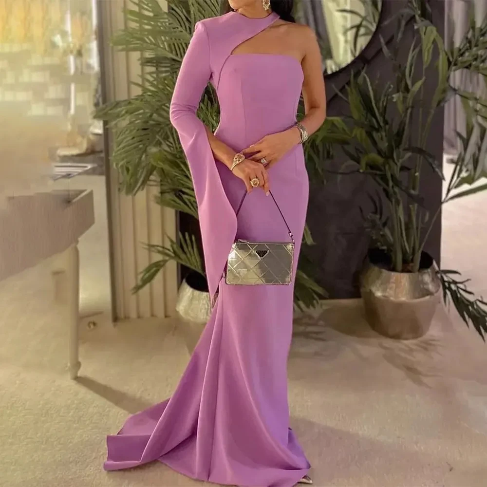 Long Sleeves Prom Dress for Women Gorgeous Lilac Evening Dresses Simple O Neck One Shoulder Mermaid Wedding Party Dresses 2023