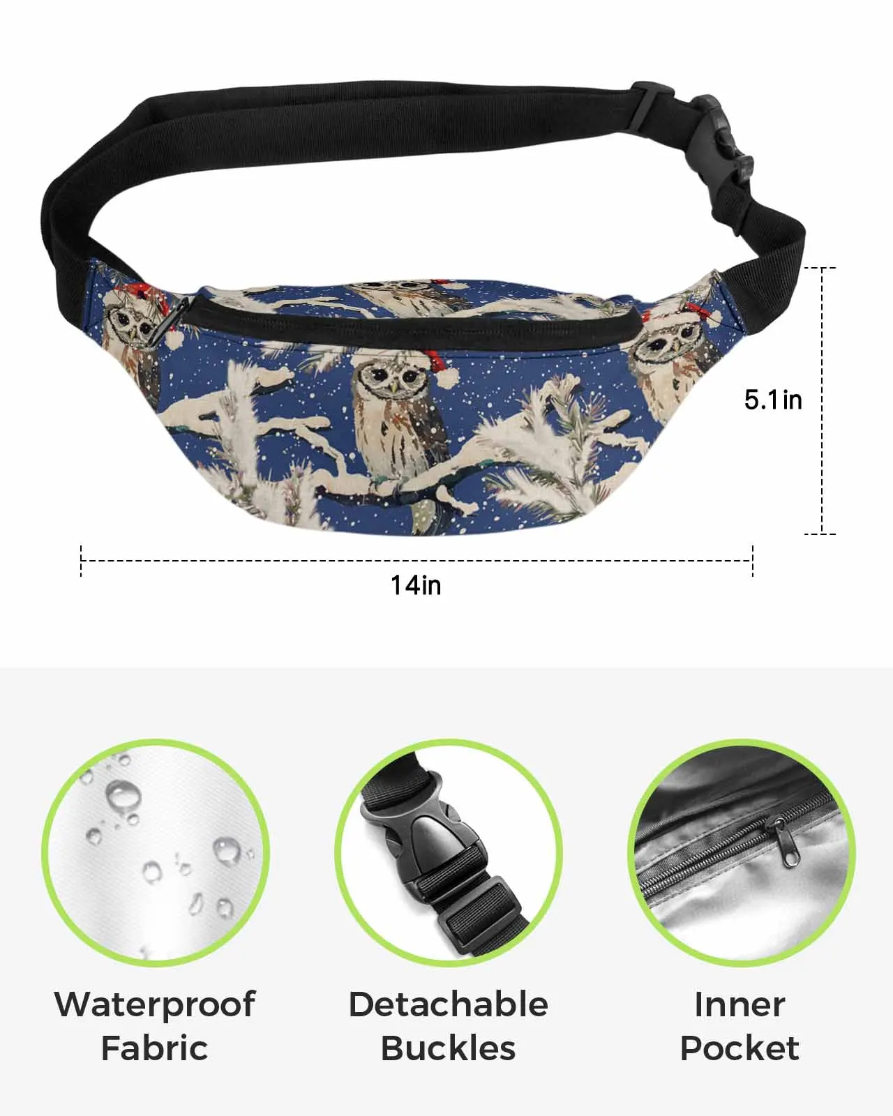 Christmas Winter Owls  Men Women Waist Bag Fanny Pack Phone Belt Bag Wallet Pouch Waterproof Banana Hip Bags