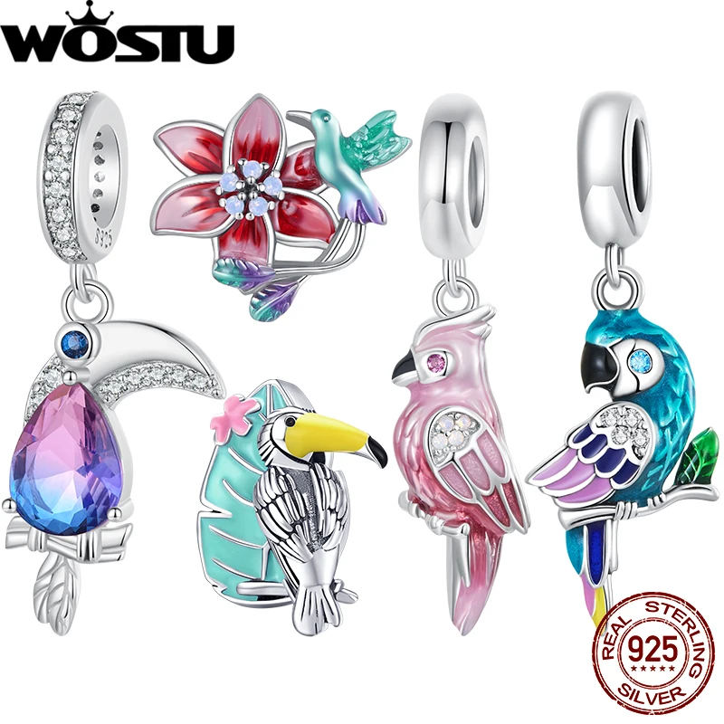 WOSTU 925 Sterling Silver Animate Parrot Pendant Pink Enamel Flower Kingfisher Beads Fit Original Bracelet DIY Making Jewelry